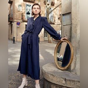 & Other Stories Navy Ruffle Midi Shirt Dress Women’s Size 4 Elegant Chic